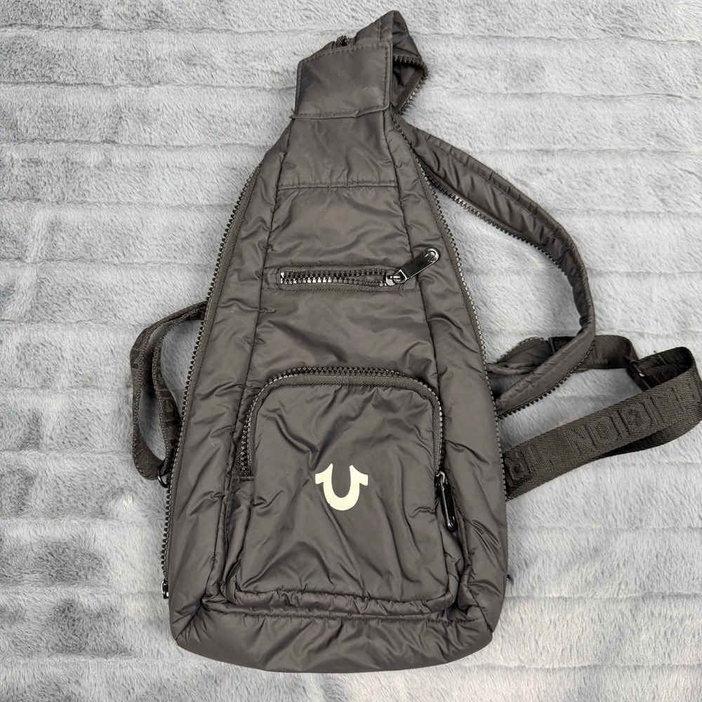 True Religion Black Puffer Sling Bag Crossbody Backpack Horseshoe Logo RN112790